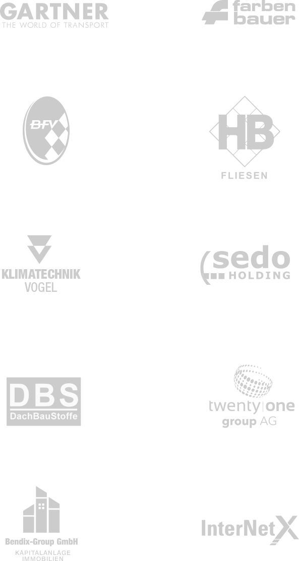 Kundenreferenzen von TENOR Digital – Markenlogos: Gartner, farben bauer, Klimatechnik Vogel, sedo Holding, HB Fliesen, DBS DachBauStoffe, twenty one group und InterNet X (mobile Ansicht)