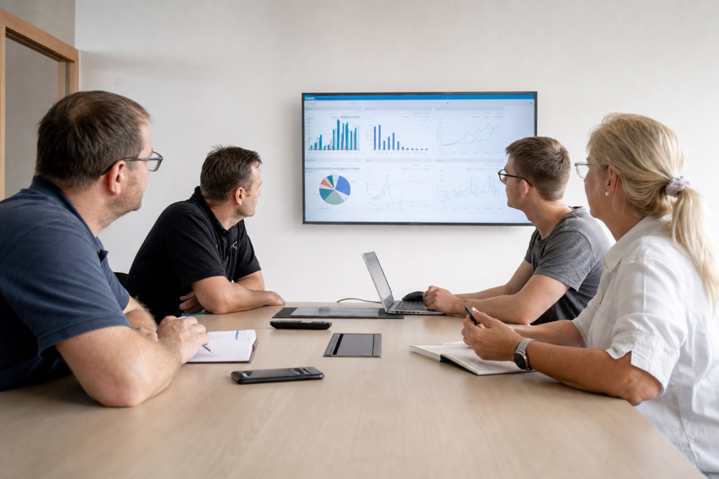 Team-Besprechung am Dashboard – Digitalisierung im Mittelstand