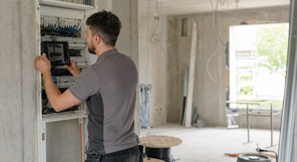 Elektriker dokumentiert den Verteiler auf der Baustelle mit dem Tablet