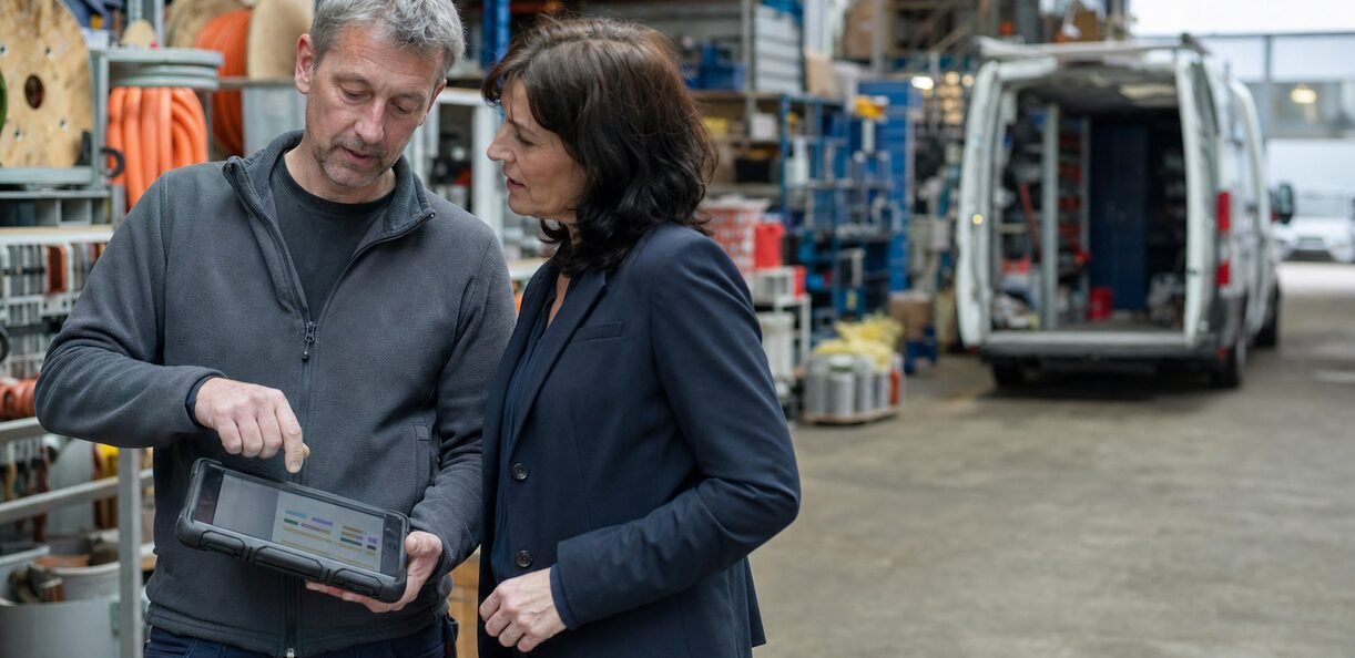 Digitalisierung im Handwerk – Elektromeister zeigt der Beraterin den Wochenplan am Tablet im Lager