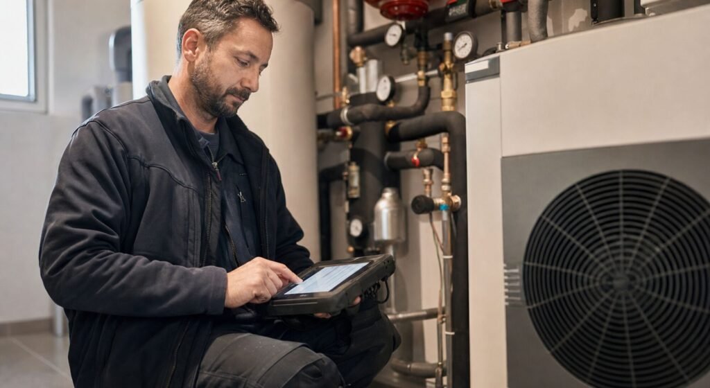Anlagenmechaniker SHK füllt das Inbetriebnahme-Protokoll der Wärmepumpe am Tablet aus