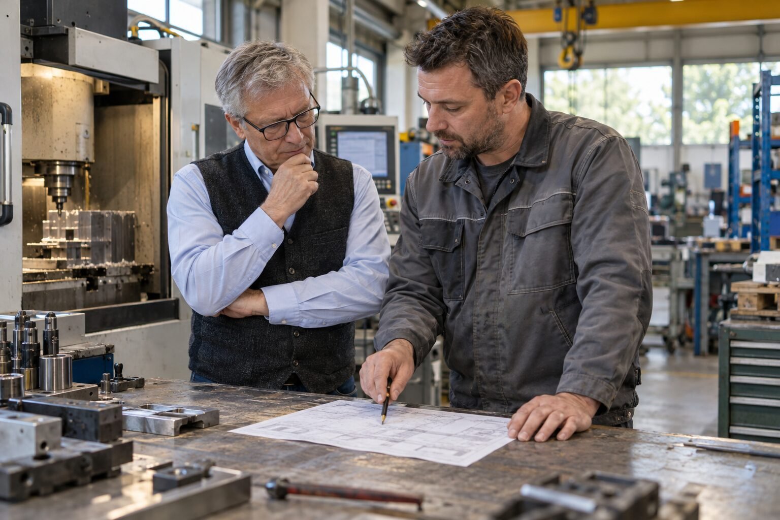 Inhaber und Werkstattmeister besprechen an der Werkbank neben einer CNC-Fräse den einseitigen Plan für die Digitalisierungsstrategie