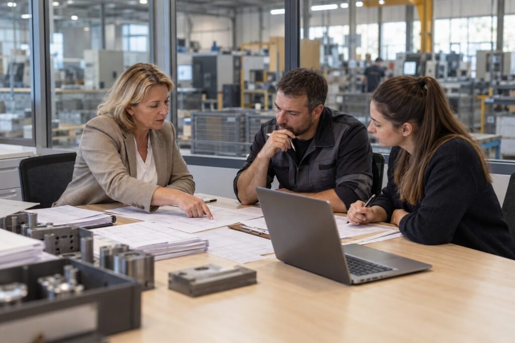 Inhaberin, Produktionsleiter und Arbeitsvorbereitung legen im Meisterbüro am Rand der Fertigungshalle die Reihenfolge der Digitalisierung fest