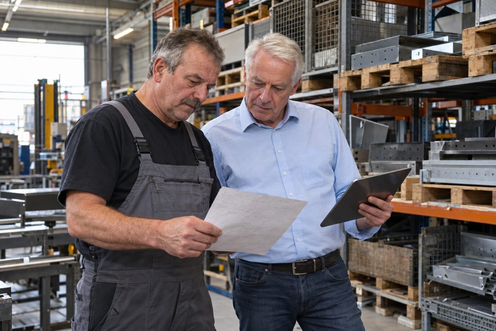 Werkstattmeister mit handgeschriebenem Laufzettel und Inhaber mit Tablet vor einem Hochregal mit Blechteilen in einer Metallbau-Halle