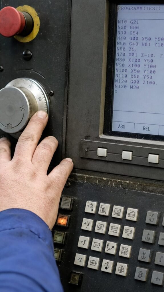 Hand am Handrad einer CNC-Steuerung mit Programmanzeige