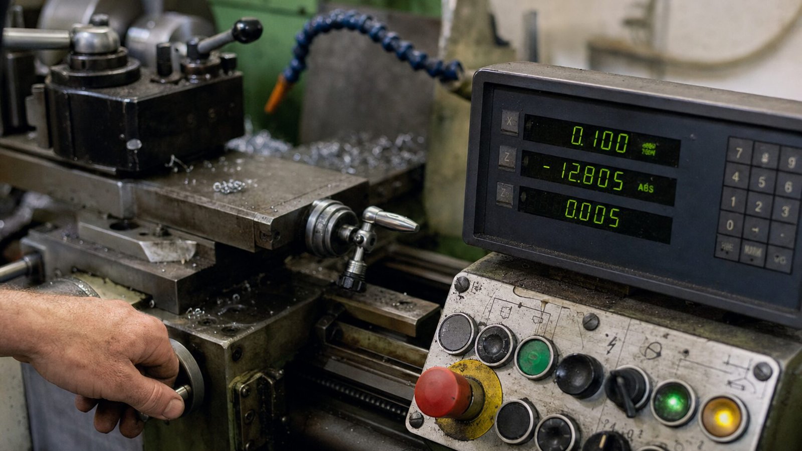 Hand an einer Drehmaschine mit digitaler Positionsanzeige in der Werkstatt