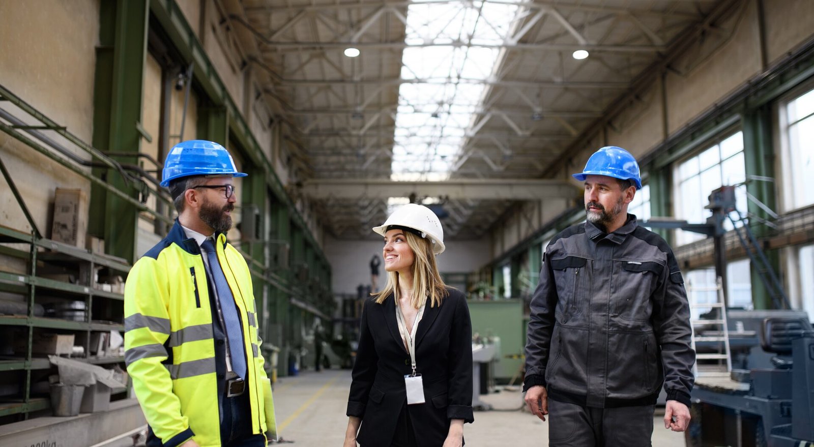 Leiterin geht mit zwei Mitarbeitern durch die Werkshalle