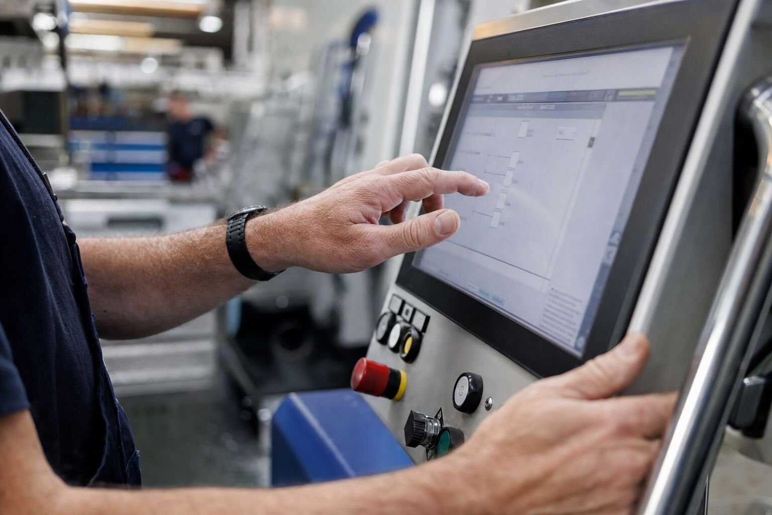 Hände an einem Bedienpanel mit Bildschirm an einer Maschine in der Produktion