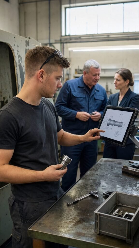 Facharbeiter mit Tablet und Zeichnung an der Werkbank – Digitalisierung im Betrieb bei Regensburg