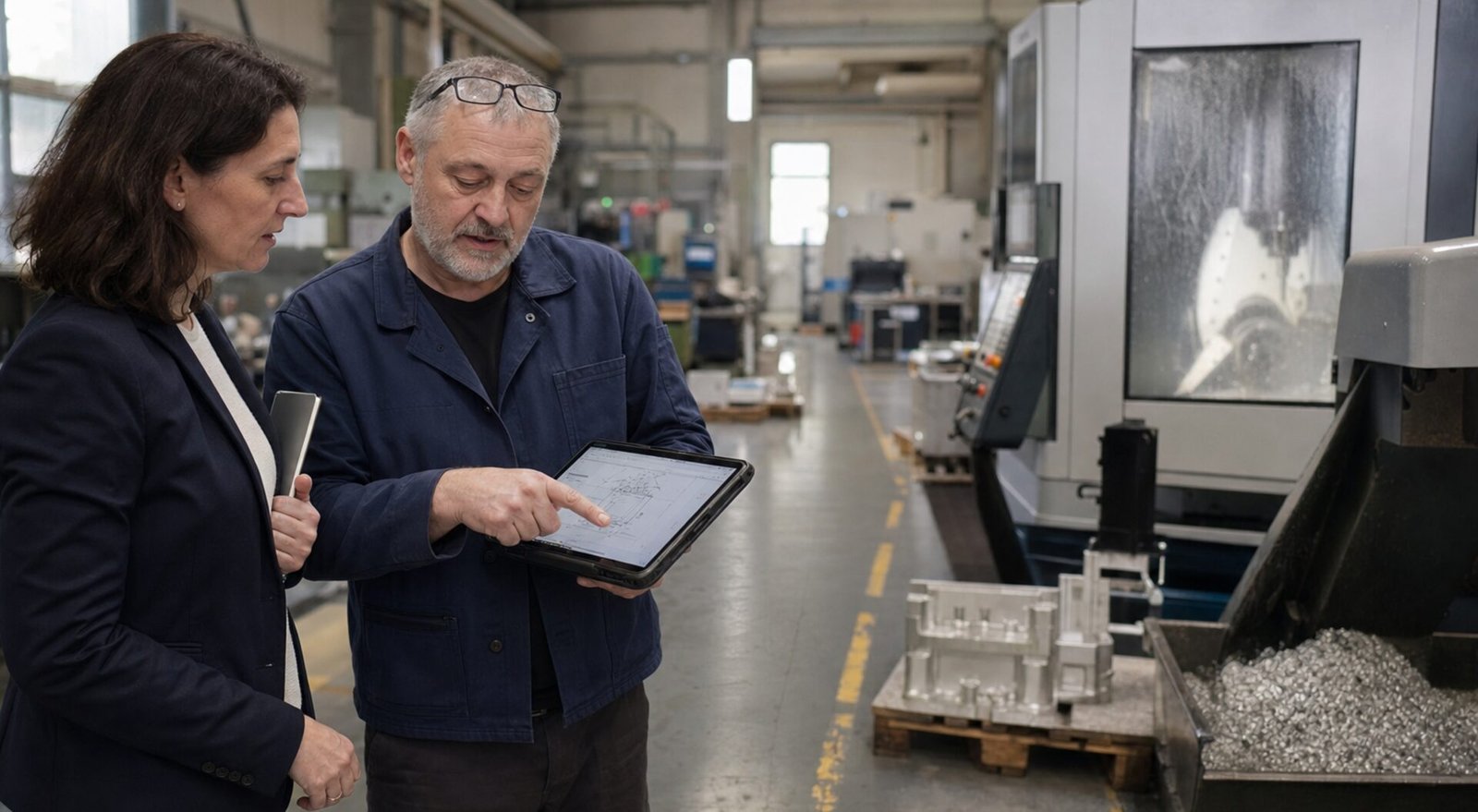 Unternehmensberatung Regensburg – Inhaber und Beraterin an der CNC-Fräsmaschine in der Halle