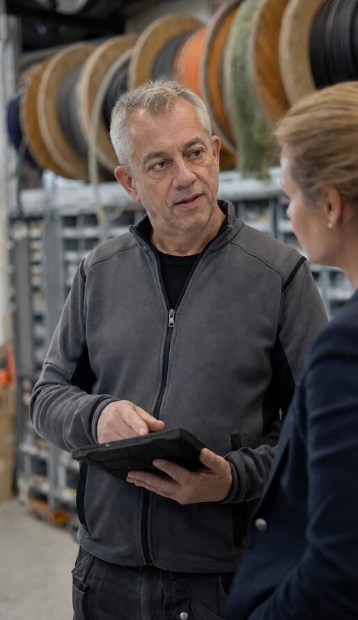 Elektromeister mit Tablet in der Werkstatt – Digitalisierung im Handwerksbetrieb