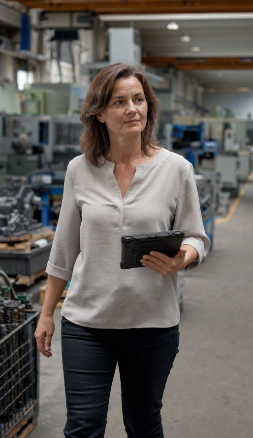 Planerin mit Tablet in der Produktionshalle – Digitalisierung Mittelstand